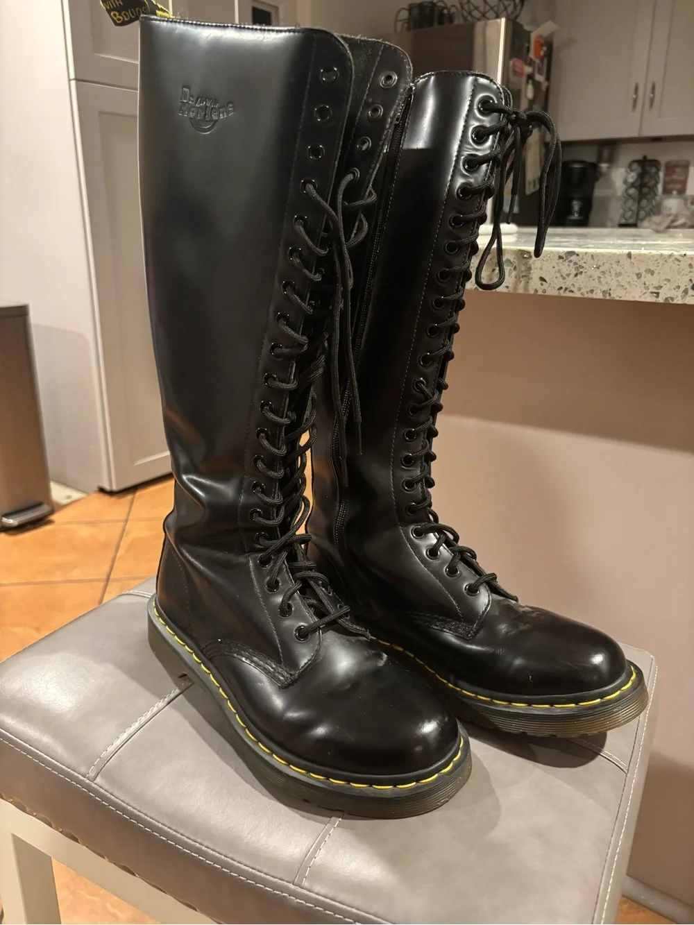 Dr. Martens Black Tall 20- Eye Lace-Up Combat Boots with Yellow Welt Stitch
